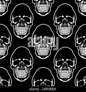 seamless symmetrical pattern of white human skulls on a black background, texture, design Stock Photo