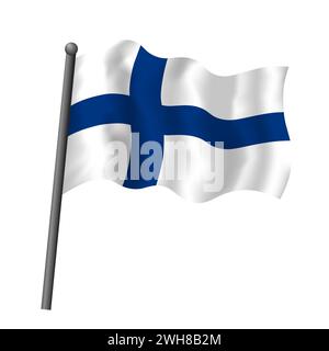 Finland flag on flagpole waving in wind. Finnish flag red with white cross vector isolated object illustration. Stock Vector