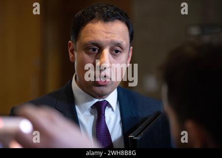 Edinburgh, Scotland, UK. 8th Feb, 2024. PICTURED: Anas Sarwar MSP, Scottish Labour Party Leader, seen giving his reaction to awaiting media on the morning that Michael Matheson MSP, the now former Health Minister who resigned from the Scottish Government this morning. Credit: Colin D Fisher Credit: Colin Fisher/Alamy Live News Stock Photo