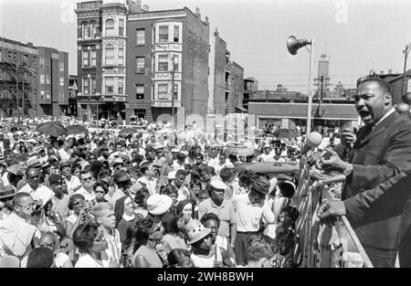 Dr Martin Luthur King Jr  Speaking to a Crowd of People in Chicago in Black and White Stock Photo