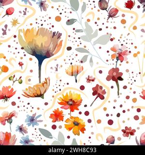 Different watercolor flowers seamless pattern. hand drawing. Not AI, Vector illustration Stock Vector