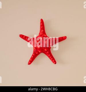 Summer composition made with red starfish on sandy color background. Minimal summer concept. Creative sea star flat lay idea. Top of view. Stock Photo