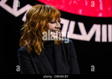 Las Vegas, USA. 08th Feb, 2024. Reba McEntire speaks on stage during the Apple Music Super Bowl LVIII Halftime Show Press Conference held at The Mandalay Bay Convention Center in Las Vegas, Nevada on February 8, 2024. (Photo by Anthony Behar/Sipa USA) Credit: Sipa USA/Alamy Live News Stock Photo