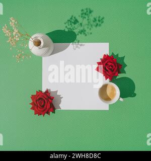 Creative spring concept made with cup of coffee, red roses, white vase with dry flowers and paper card note copy space on green background. Stock Photo