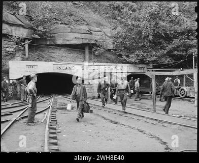 Changing shifts at the mine portal in the afternoon. Inland Steel Company, Wheelwright #1 & 2 Mines, Wheelwright, Floyd County, Kentucky.  circa 1946 Stock Photo