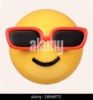 3d Cool emoticon. Smiling face with sunglasses emoji. Happy smile person wearing dark glasses. icon isolated on gray background. 3d rendering Stock Photo