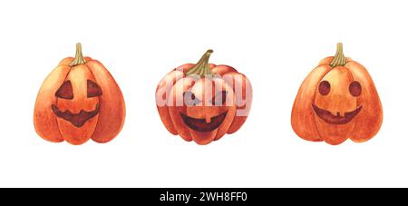Set of Halloween pumpkins. Watercolor illustration isolated on white background Stock Photo