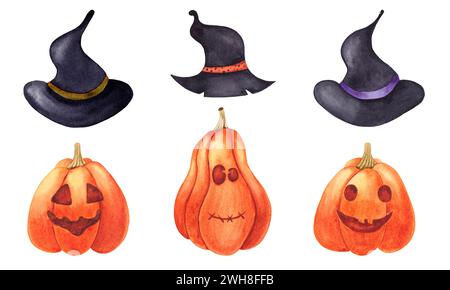 Set of watercolor Halloween pumpkins with hats. Carved faces pumpkins. Hand drawn holiday illustrations isolated on white background. Stock Photo