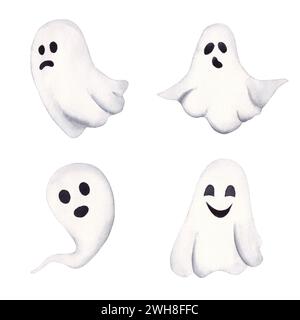 Watercolor set of ghosts. For design compositions on the theme of Halloween. Hand drawn illustration isolated on white background Stock Photo