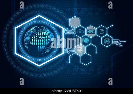 Digital hexagons hologram with digital business icons on virtual screen. Virtual reality and global networking concept. 3d rendering Stock Photo
