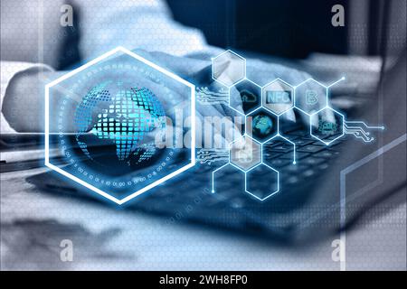 Businesswoman hand using laptop and hexagons hologram with digital business icons on virtual screen. Virtual reality and global networking concept. Stock Photo