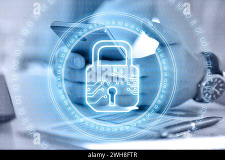 Businessman using tablet computer and digital lock icon interface with circle binary numders. Cyber security and digital protection concept. Stock Photo