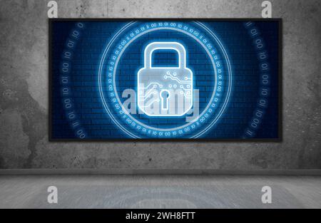 Digital lock icon interface with circle binary numders on digital screen. Cyber security protection concept. 3d rendering Stock Photo
