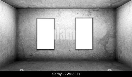 Two blank posters on concrete wall in dark room. Art and promotion information for marketing announcements concept. 3d rendering Stock Photo
