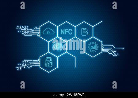 Digital hexagons interface with business icons on virtual screen. Virtual reality and global networking concept. 3d rendering Stock Photo