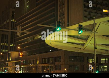 Brussels, Belgium. 5 Feb 2024. Facade of Brussels buildings. City architecture. Traffic light. Starbucks coffee shop building, Norwegian Thon Hotel Stock Photo