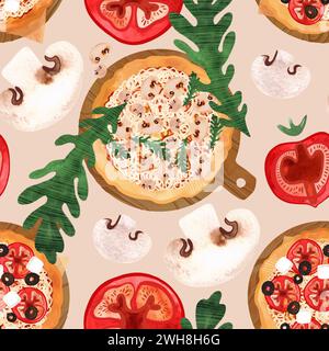 Seamless pizza pattern with mushrooms, tomatoes, olives and arugula. Watercolor illustration for menus, recipes, kitchen textiles, design of cafes, re Stock Photo