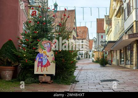 Winter Festivities in Bitigheim-Bissingen: Charming Half-Timbered Houses Adorned with Christmas Decorations. New Year's atmosphere of Bitigheim Stock Photo