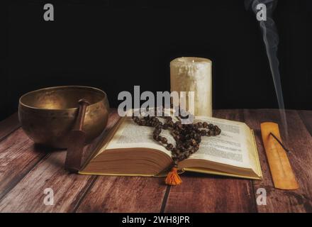 open bhagabad gita sacred book of india with a japamala ,prayer beads ...