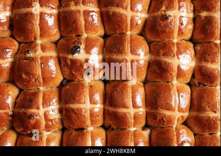 Glazed fruit hot cross buns made with yeast and sourdough Stock Photo