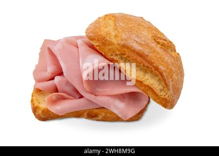 Stuffed bun with mortadella, italian typical sausage of Bologna, sandwich isolated on white, clipping path Stock Photo