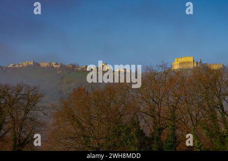 View of Castropignano and its castle, a small Italian town in the province of Campobasso in Molise overlooking the Biferno river valley Stock Photo
