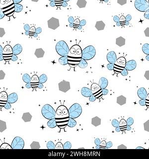 Seamless pattern with cute bees on white background Stock Vector