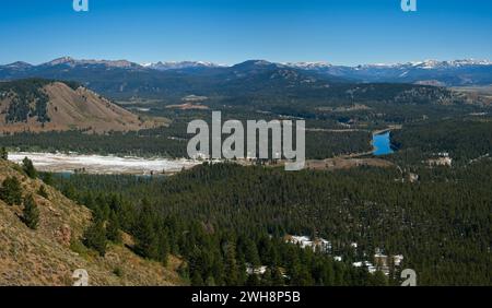 Panorama of northern Jackson Hole, Wyoming, from the top of Signal Mountain, with the Snake River below and the Continental Divide to the east Stock Photo