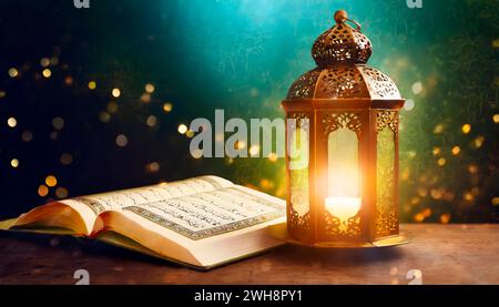 Ramadan concept. open holy book Al Quran with Ramadan Lantern on a wooden table. Stock Photo