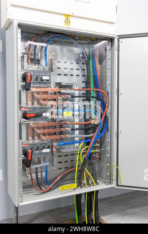Industrial electrical cable control panel, high voltage Stock Photo