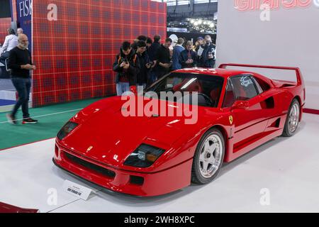 Paris, France - Rétromobile 2024. Focus on a red 1990 Ferrari F40. Chassis no. ZFFGJ34B000085749. Stock Photo