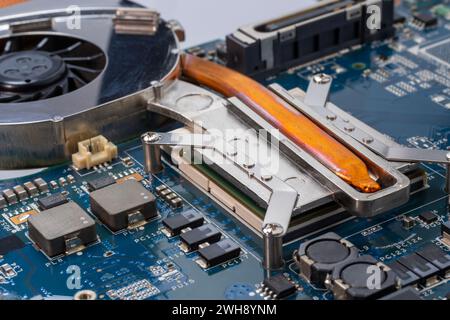 A close up of CPU computer motherboard PCB with chips on it  Stock Photo