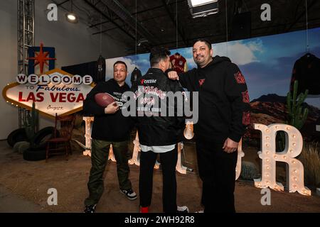 February 08, 2024: (L-R) EJ Luera, Ajay Bouri owners of Feature pose for a photo during the Origins: NFL Collection Launch Event in Las Vegas, NV. Christopher Trim/CSM. (Credit Image: © Christopher Trim/Cal Sport Media) Stock Photo