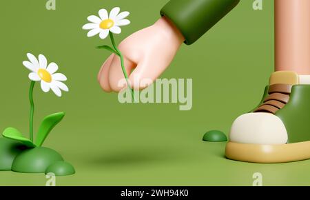 3d Walking holding flower in nature and elements for camping, summer camp, camp fire, trip, hiking. Concept. 3d rendering illustration. Stock Photo