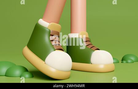 3d Hiking boots. Walking. Summer camp and holiday vacation. concept. 3d rendering illustration. Stock Photo