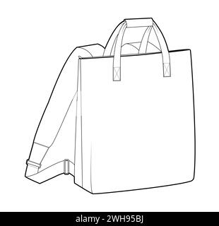 Convertible backpack silhouette tote bag with handles. Fashion accessory technical illustration. Vector schoolbag 3-4 view for Men, women, unisex style, flat handbag CAD mockup sketch outline isolated Stock Vector