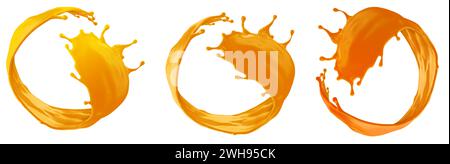 Illustration of orange liquid splash with curved flow in 3 different shades Stock Photo