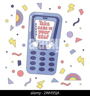 Hand drawn poster with retro cell phone and motivational message. Take care of yourself.  Stock Vector