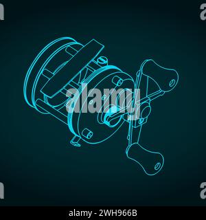 Stylized vector illustration of isometric blueprint of fishing reel Stock Vector