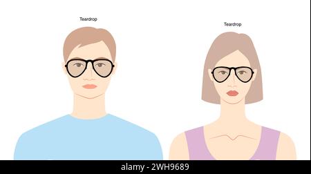 Teardrop Shape Aviator frame glasses on women and men flat character fashion accessory illustration. Sunglass front view unisex silhouette style, rim spectacles eyeglasses with lens outline isolated Stock Vector