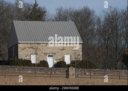 UNITED STATES - 02-08-2024: Old Stone Church, also known as Green Spring Church and Stone Church, is a historic Lutheran church located at White Hall, Stock Photo