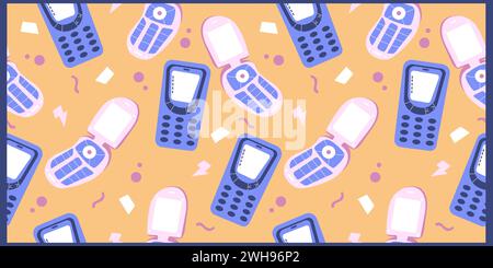 Hand drawn seamless pattern with retro mobile phones. Colourful vector design. Stock Vector