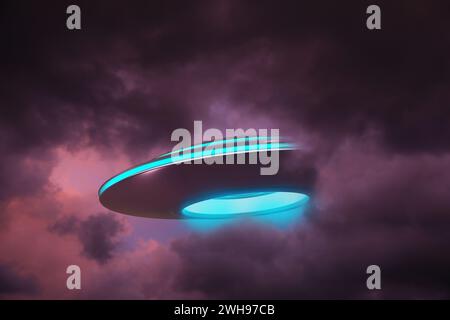 UFO. Alien spaceship among clouds in sky. Extraterrestrial visitors Stock Photo