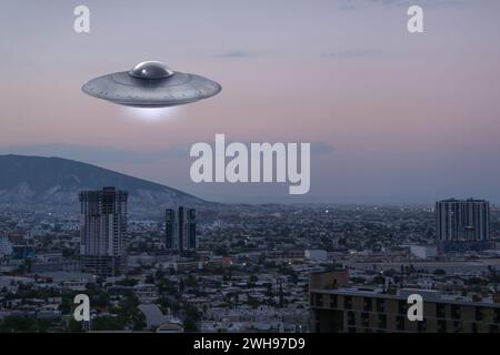 Alien spaceship flying over city in morning. UFO, extraterrestrial visitors Stock Photo