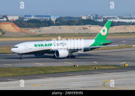 EVA Air Cargo Boeing 777 airplane. Aircraft 777F of Evergreen Airways used for freighter transport. Cargo plane of EVA Air Cargo. Stock Photo