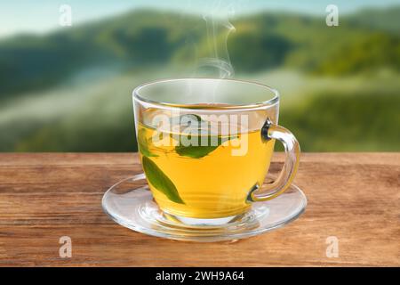 Aromatic green tea in glass cup on wooden table in mountains Stock Photo