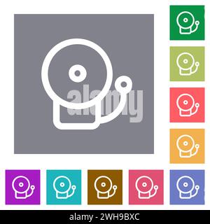Fire alarm bell outline flat icons on simple color square backgrounds Stock Vector