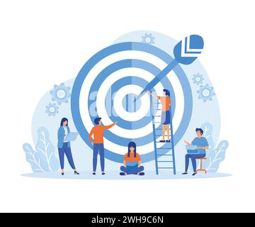 Employee Target Setting Graphics Businessmen working and woman at big target with arrow. Goals and ...