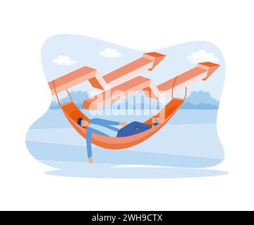 Invest in mutual funds or other assets. Dividend yielding stocks. Businessman investor relaxing and sleeping in cradle and growing graph. flat vector Stock Vector