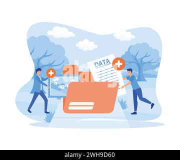 Businessman office worker adds file to big folder, Database, searching info, storage and indexing of information. flat vector modern illustration Stock Vector